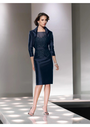 Navy Blue Lace Taffeta Mother Dress With Cape